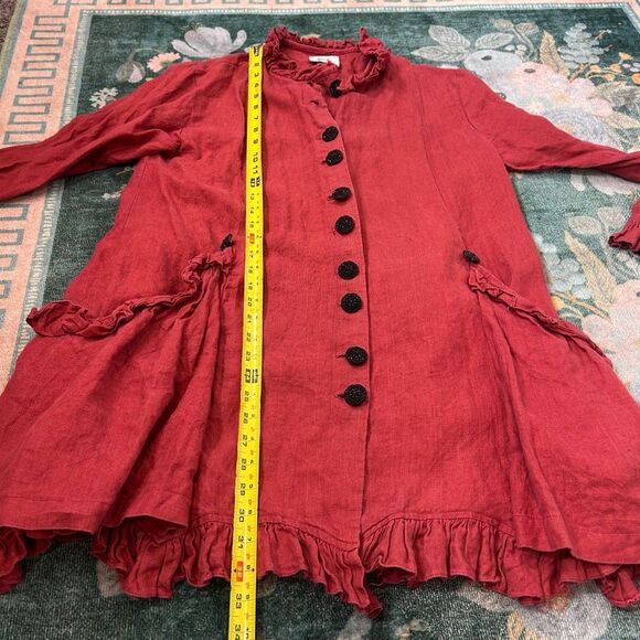 Taylor G Linen Jacket Womens Small Red Button Front Ruffle Trim Lagenlook Coat - Picture 8 of 13